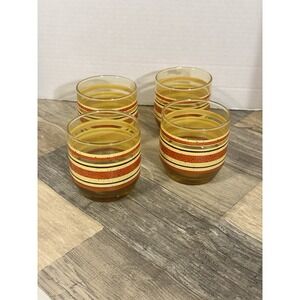 Vintage MCM Anchor Hocking Set of 4 Juice Glasses Amber Glass, Red/Brown Stripes
